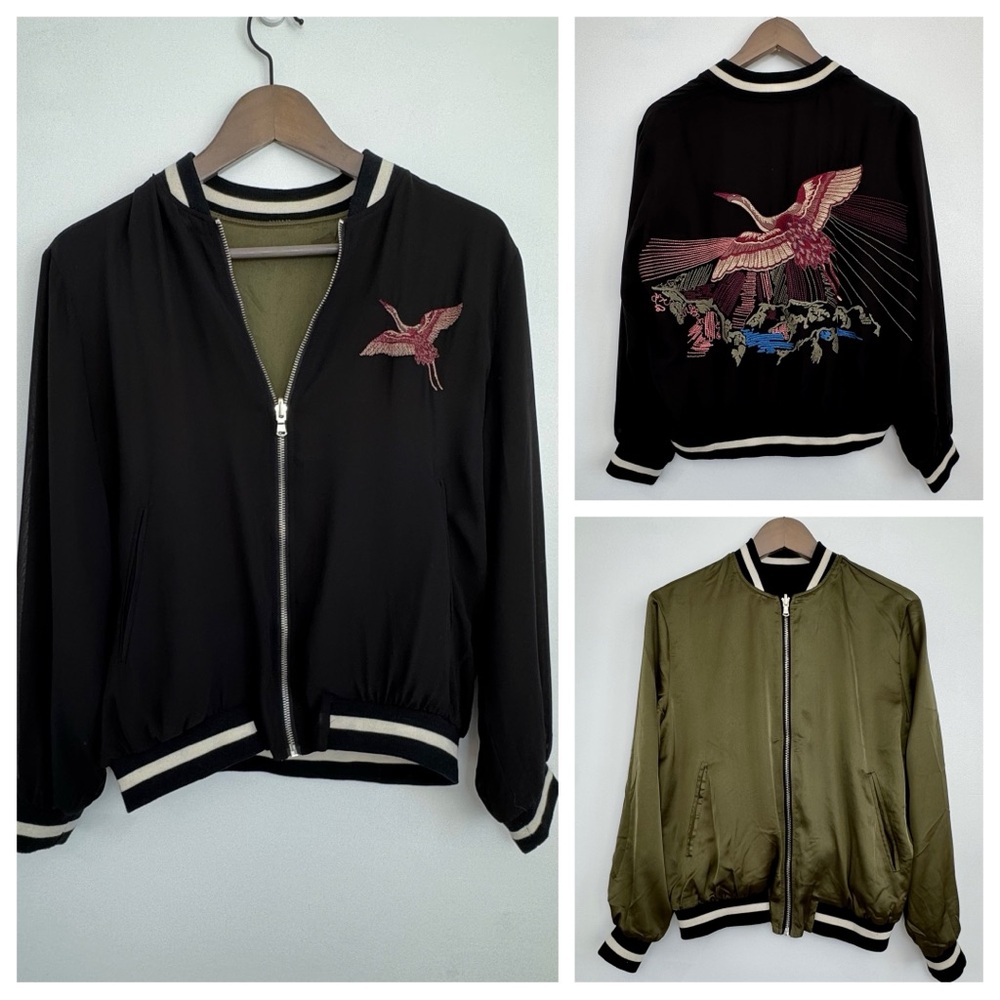 NWOT Reversible Embroidered Crane Jacket, Black & Army Green Women's Size S-M
